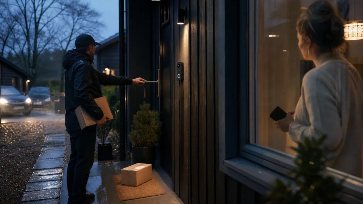 Generisk premiumdörrklocka med kamera används för samtal vid en modern villaentré