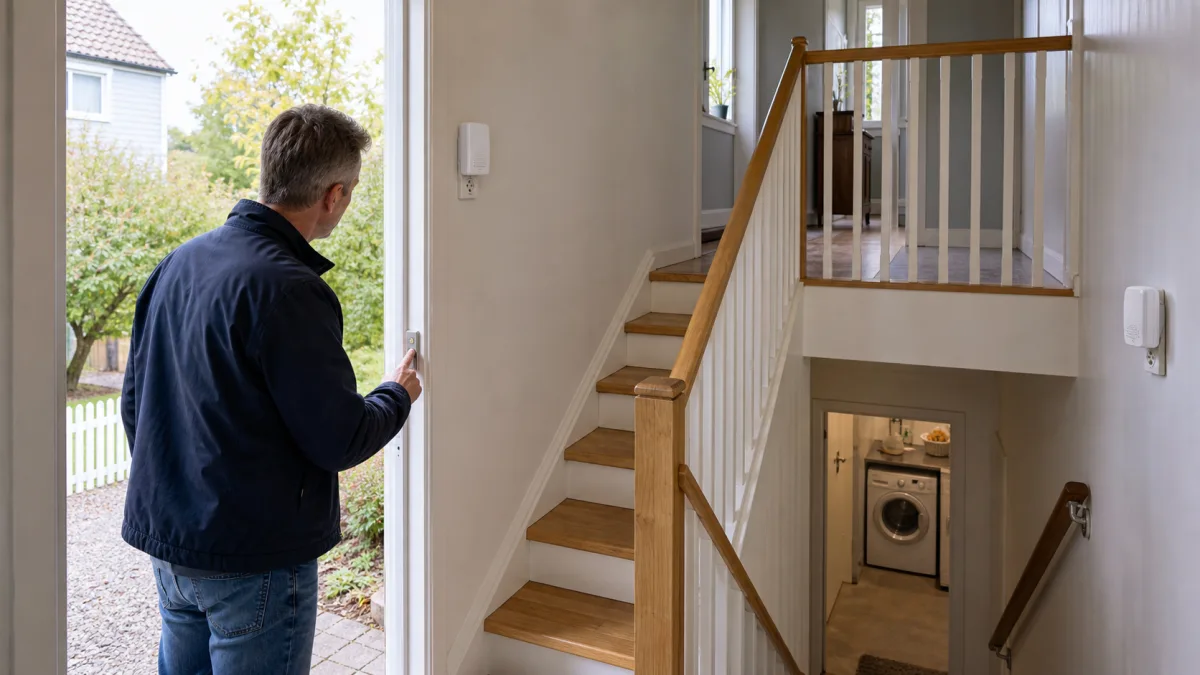 Husägare provar trådlös ringknapp med mottagare placerade på olika våningar