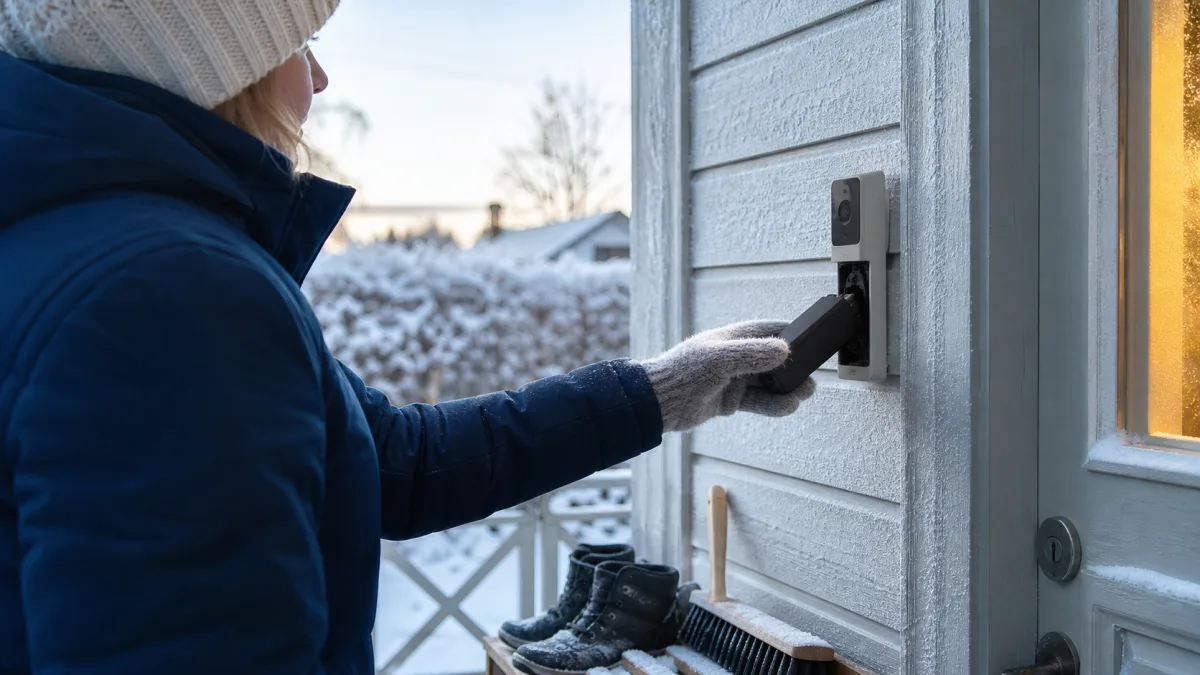 Person i vinterhandskar tar loss batteriet från en kameradörrklocka på en snöig veranda