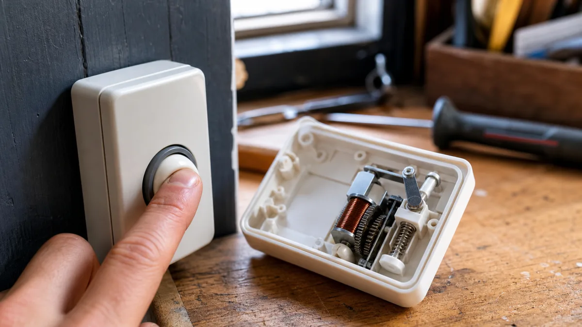 Finger trycker in en kinetisk dörrknapp som alstrar energi utan batteri