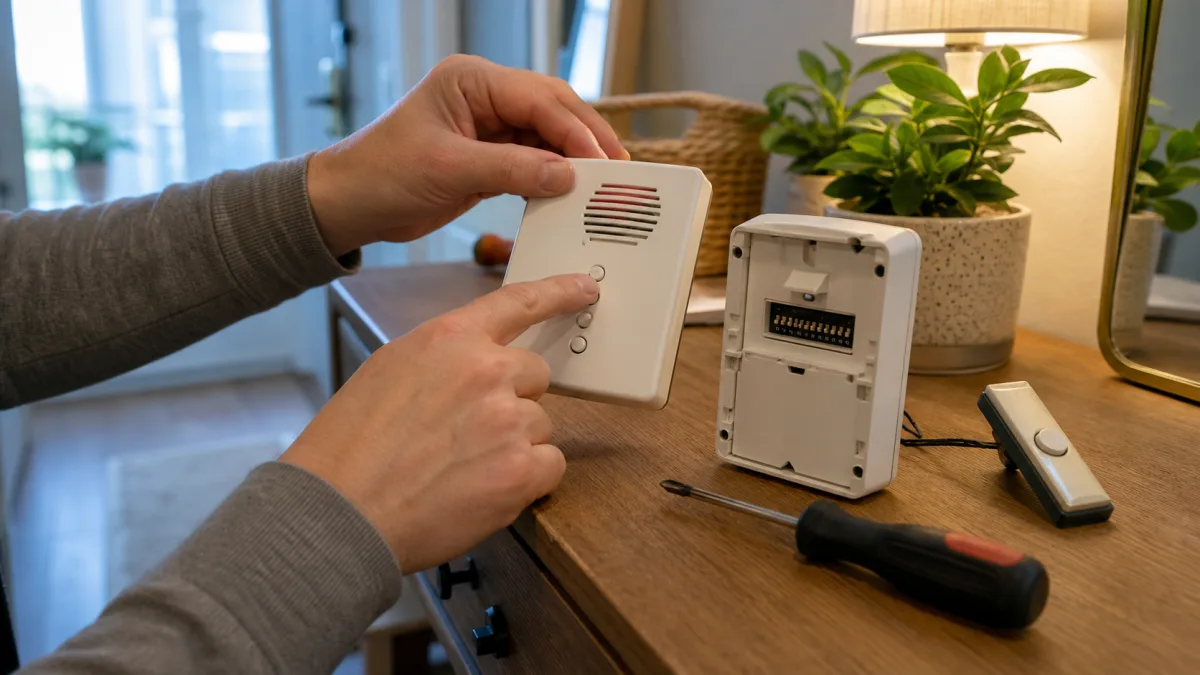 Hand trycker på melodiknappen på en öppnad dörrklockemottagare bredvid batterifacket
