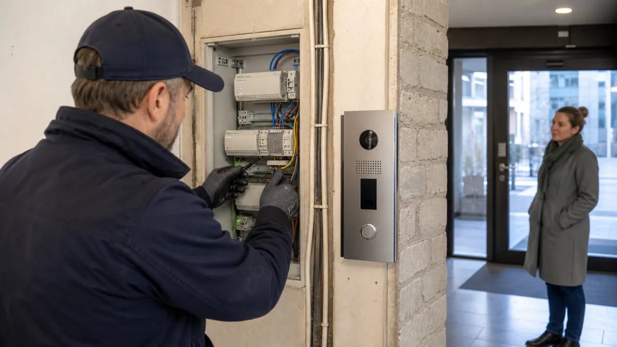 Tekniker jämför Ethernet-, tvåledar- och fyrledarkabel till ett modulärt porttelefonsystem