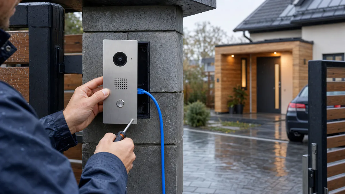 Generisk IP-videoporttelefon med nätverkskabel sitter vid en modern villaentré
