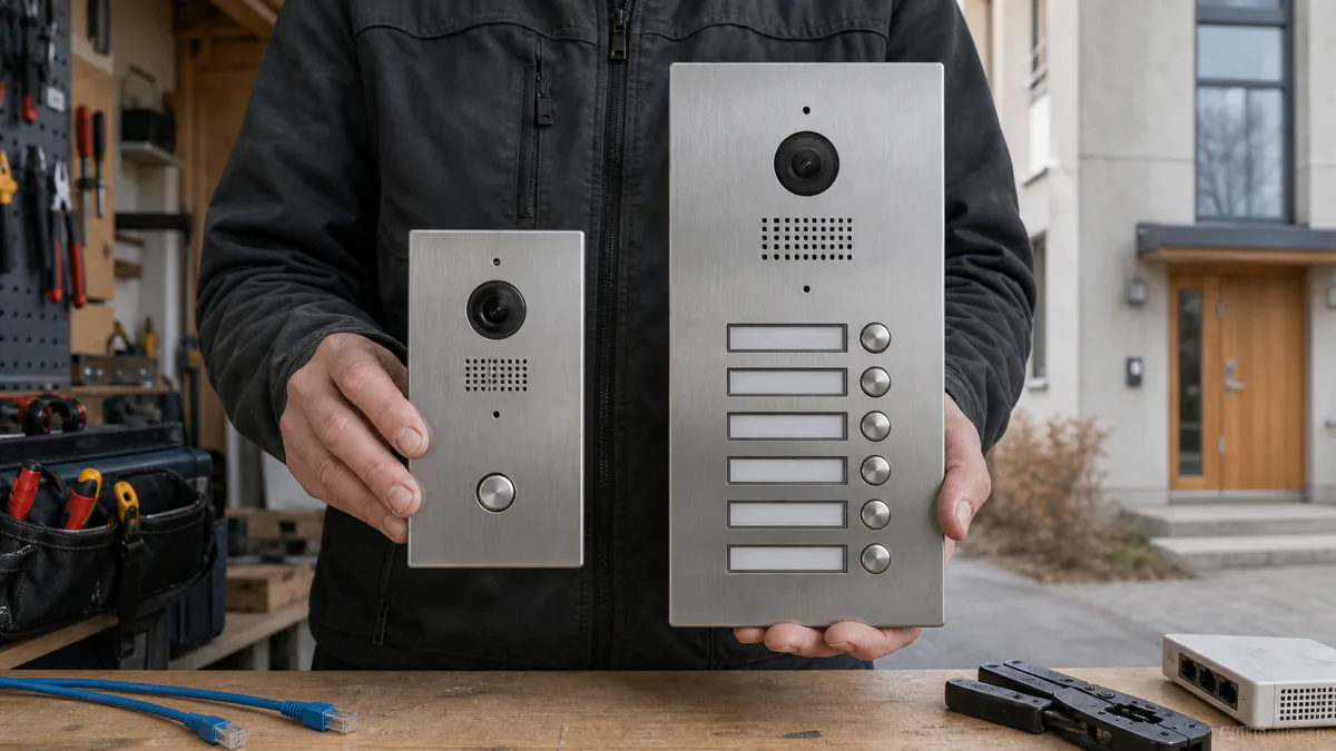 Kompakt IP-porttelefon för villa jämförs med modulär entrépanel för större fastighet