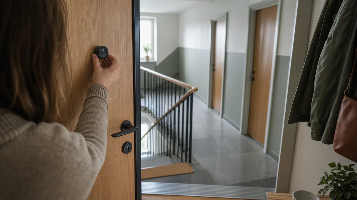 Lägenhetsboende bedömer en dörrkamera medan grannar passerar i det gemensamma trapphuset
