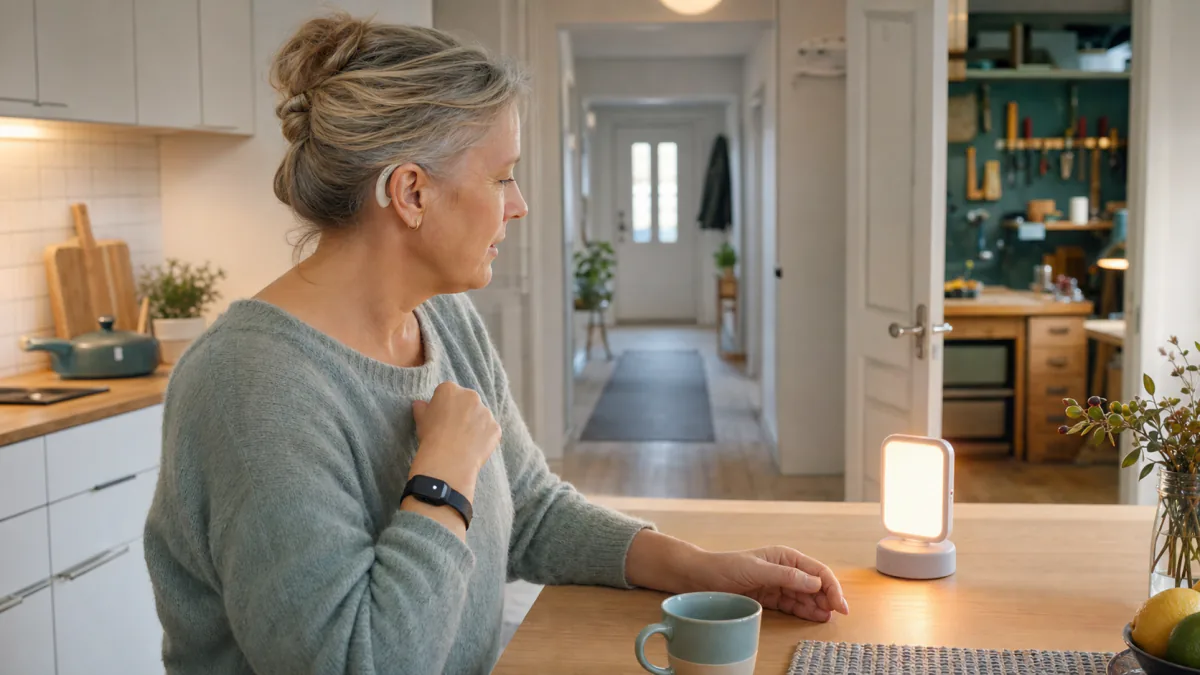 Äldre person uppmärksammas av blinkande mottagare och vibrerande handenhet när någon ringer på