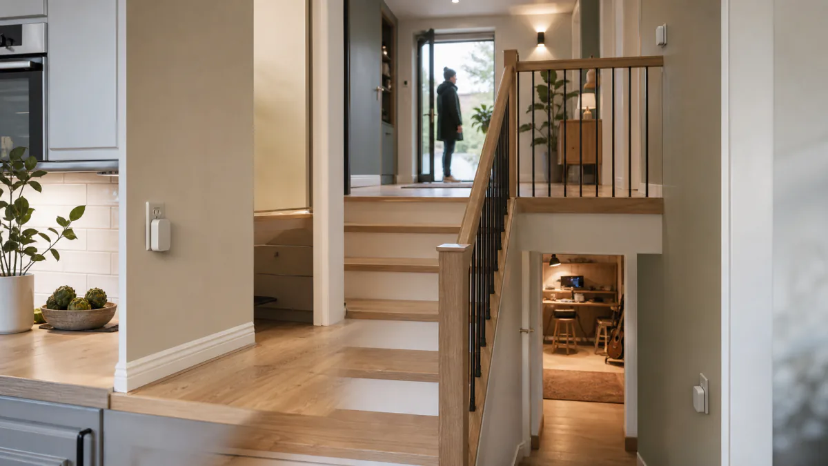Tre dörrklockemottagare är placerade i hall, övervåning och garage i samma villa
