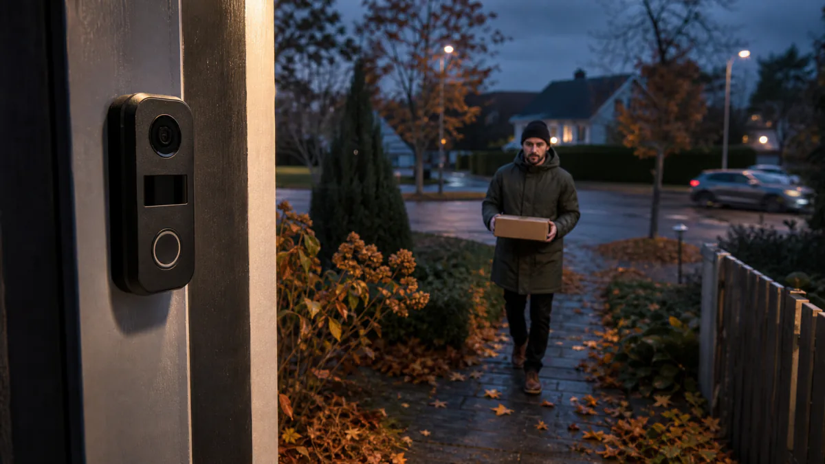 Husägare justerar dörrklockans rörelsevinkel medan katt, löv och bil passerar utanför entrén