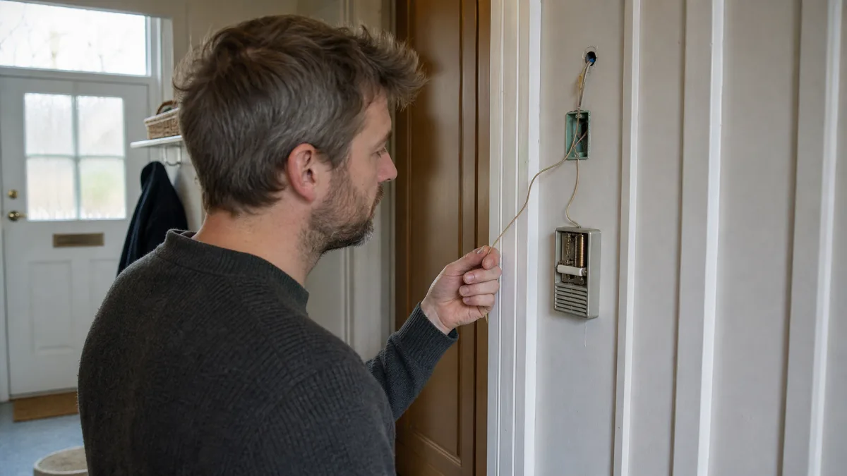 Äldre trådbunden ringklocka med tvåledarkabel och inomhusklocka i en svensk hall