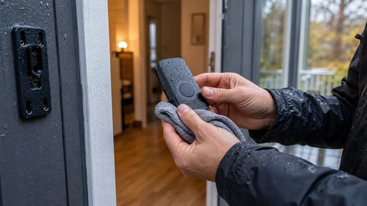 Fuktig ringknapp utomhus undersöks efter att mottagaren har ljudit utan knapptryckning