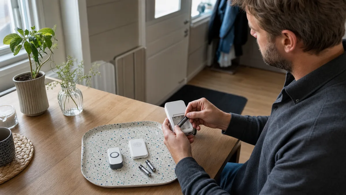 Person felsöker dörrklocka genom att kontrollera batteri, mottagare och ringknapp i ordning