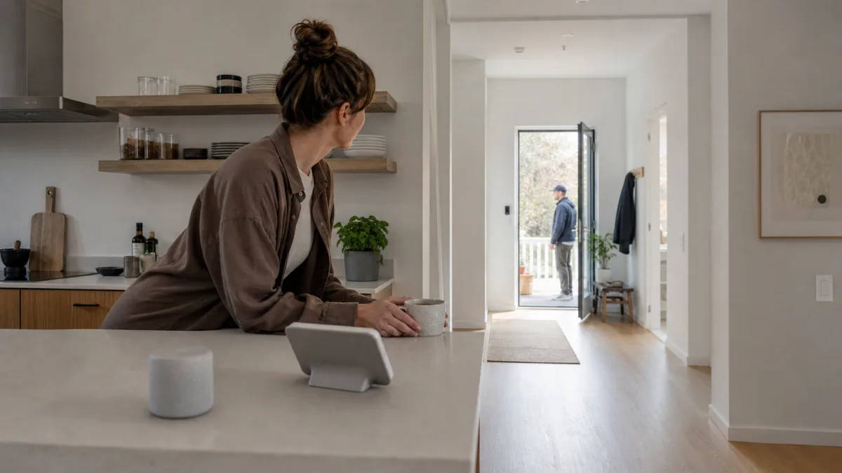 Generisk videodörrklocka kopplas samman med smart skärm och hemrouter i ett ljust kök