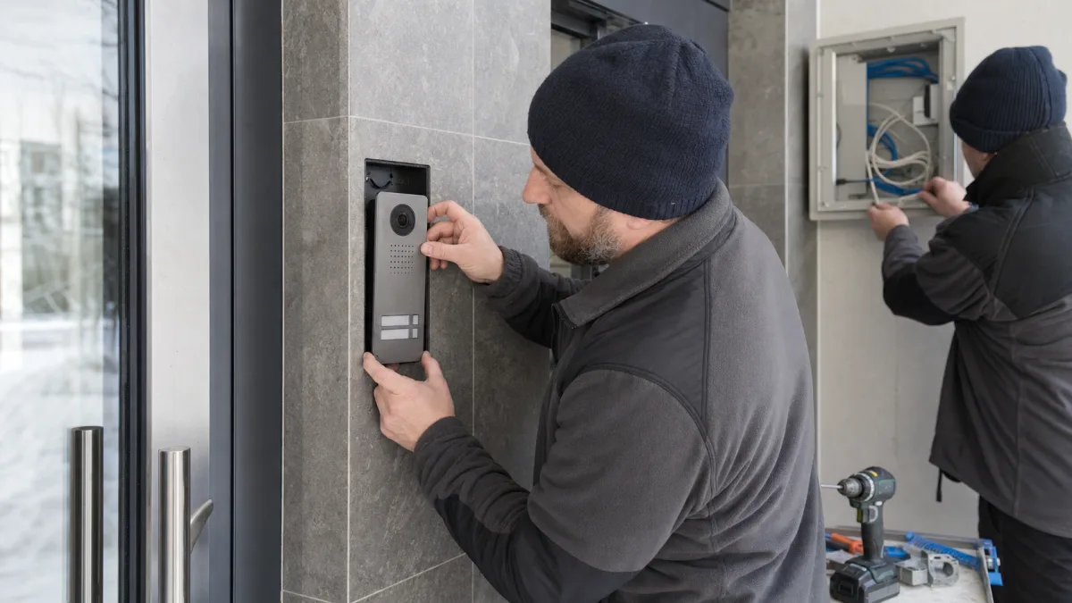 Installatör driftsätter en modulär videoporttelefon i ett flerbostadshus