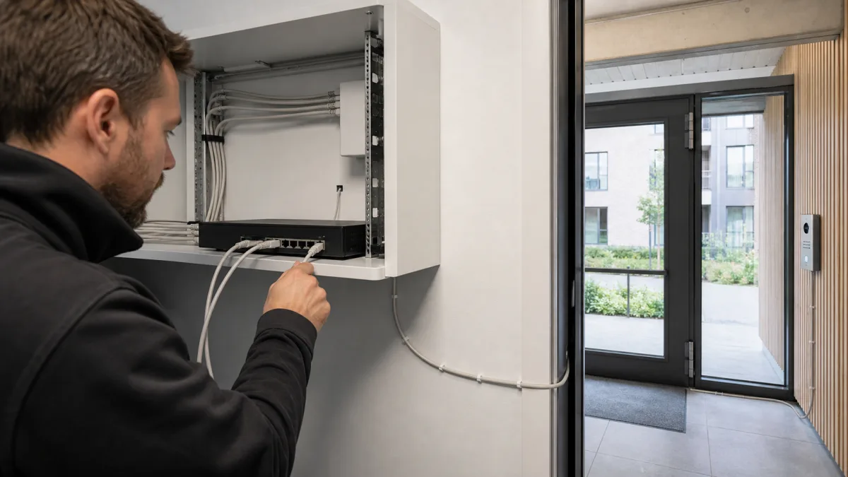 Installatör ansluter entrépanel och nätverksswitch med en PoE-kabel