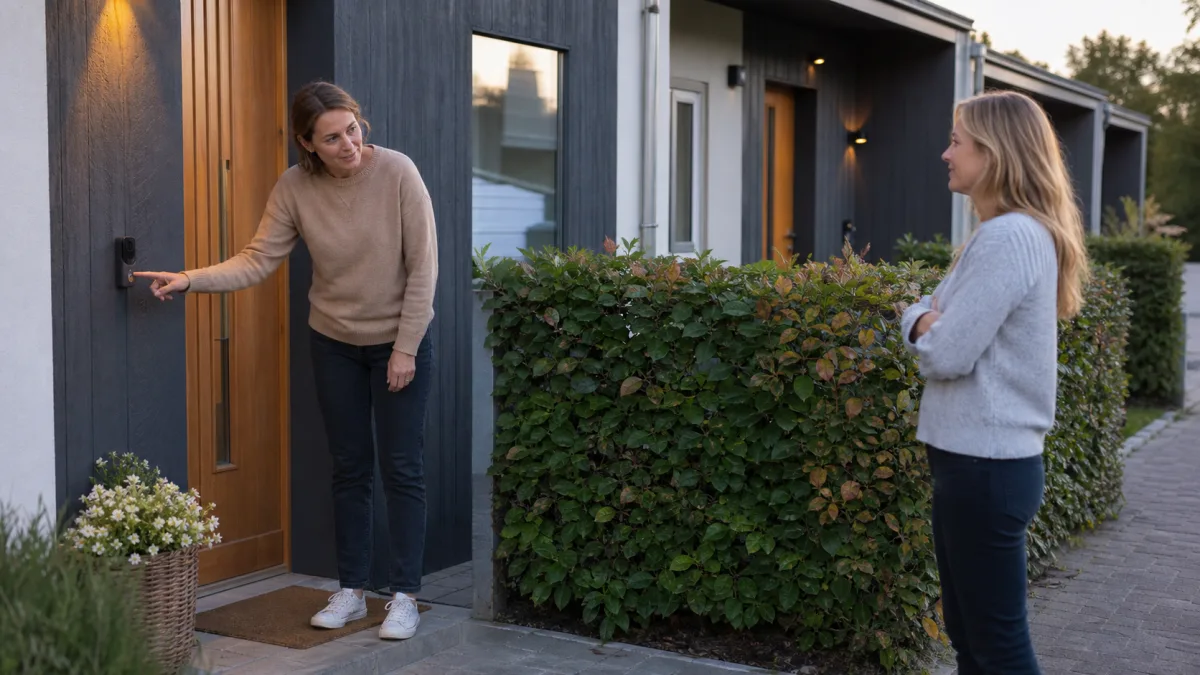 Två grannar samtalar om kameravinkeln vid tomtgränsen och justerar dörrklockan tillsammans