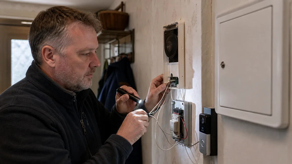 Installatör kontrollerar befintlig ringledning, transformator och inomhusklocka före inkoppling