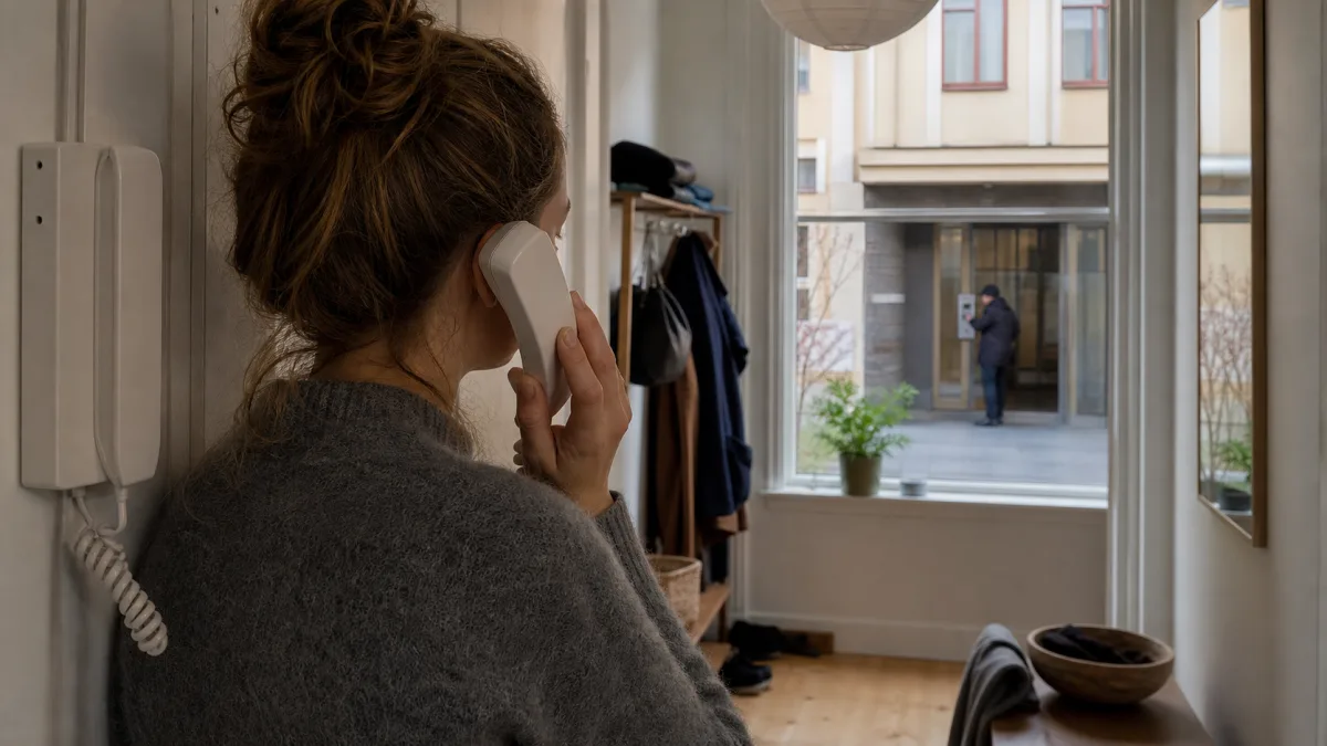 Lägenhetsboende lyfter porttelefonluren när en besökare ringer från gemensam entré