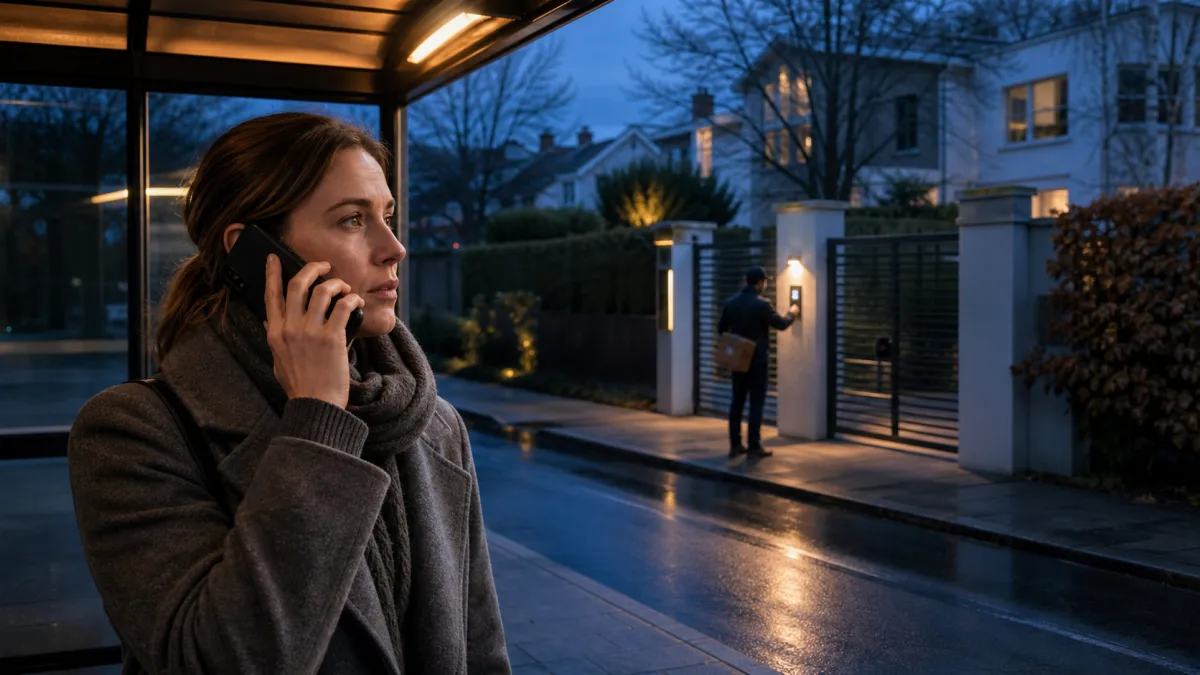 Person svarar på porttelefonsamtal i mobilen medan ett bud väntar vid hemmets grind