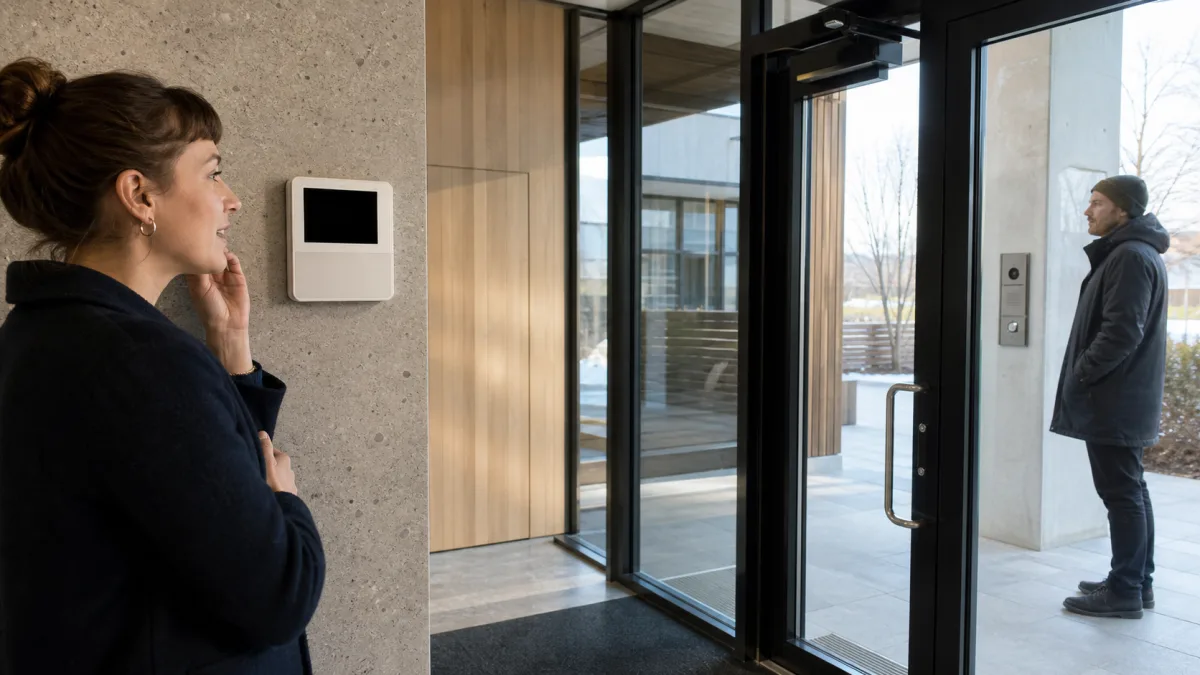 Person svarar vid en fast videoporttelefon medan besökaren står vid entrépanelen