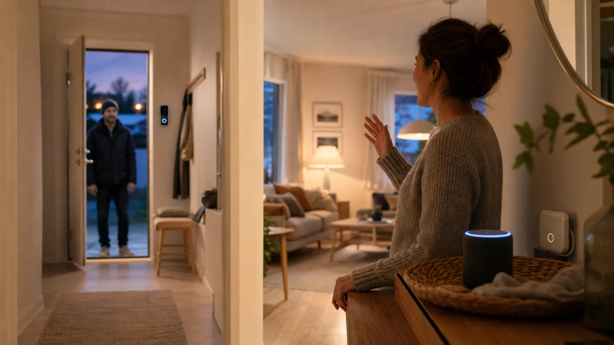 Generisk kameradörrklocka samverkar med inomhusklocka och röststyrd högtalare i hemmet