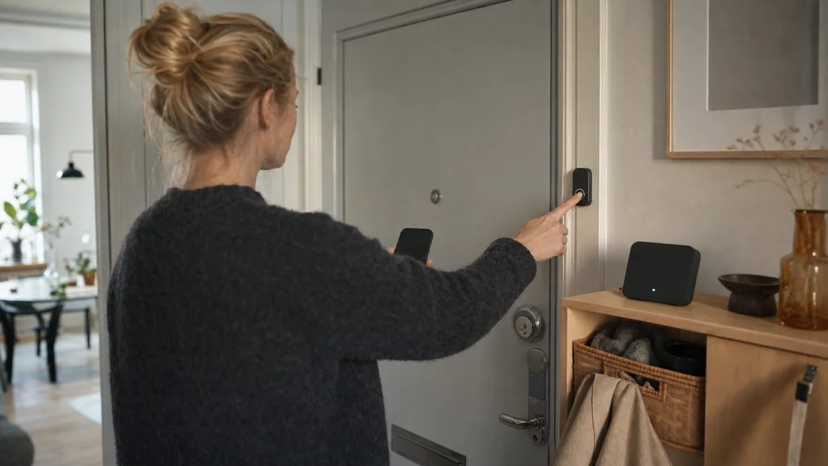 Person testar en appansluten dörrknapp utan kamera vid hallens ytterdörr