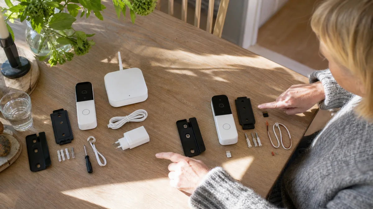 Batteridörrklocka med separat hubb jämförs med kabelmatad modell som har lokalt minneskort