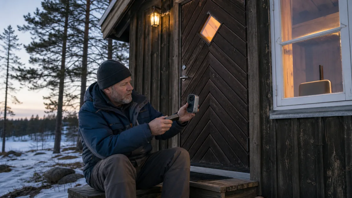 Stugägare kontrollerar batteridörrklocka och mobil router vid en avlägsen vinterstuga