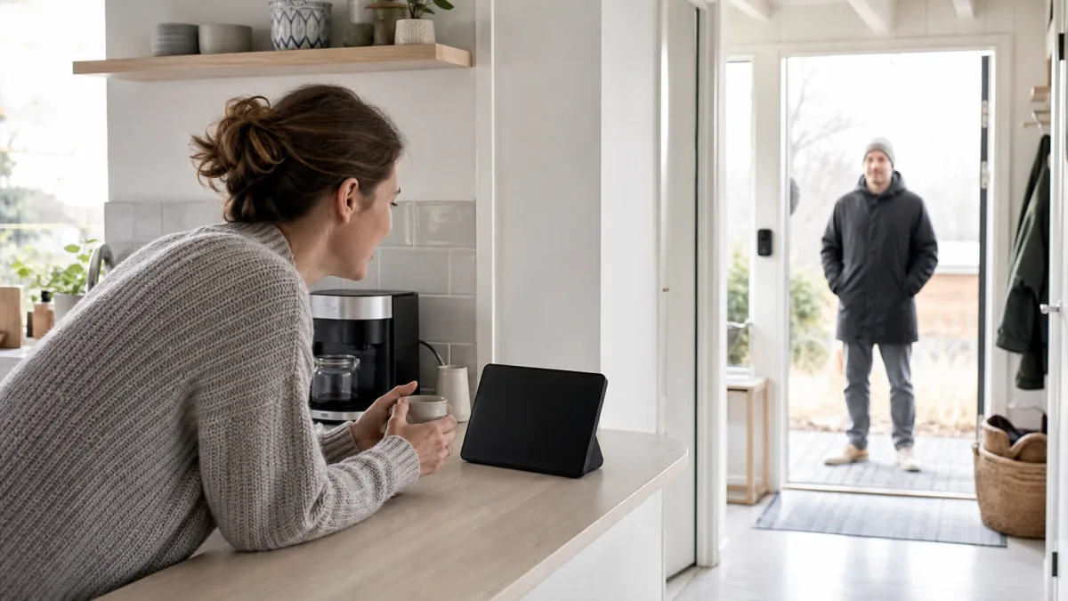 Boende samtalar via en generisk smart skärm i köket medan en besökare väntar vid dörren