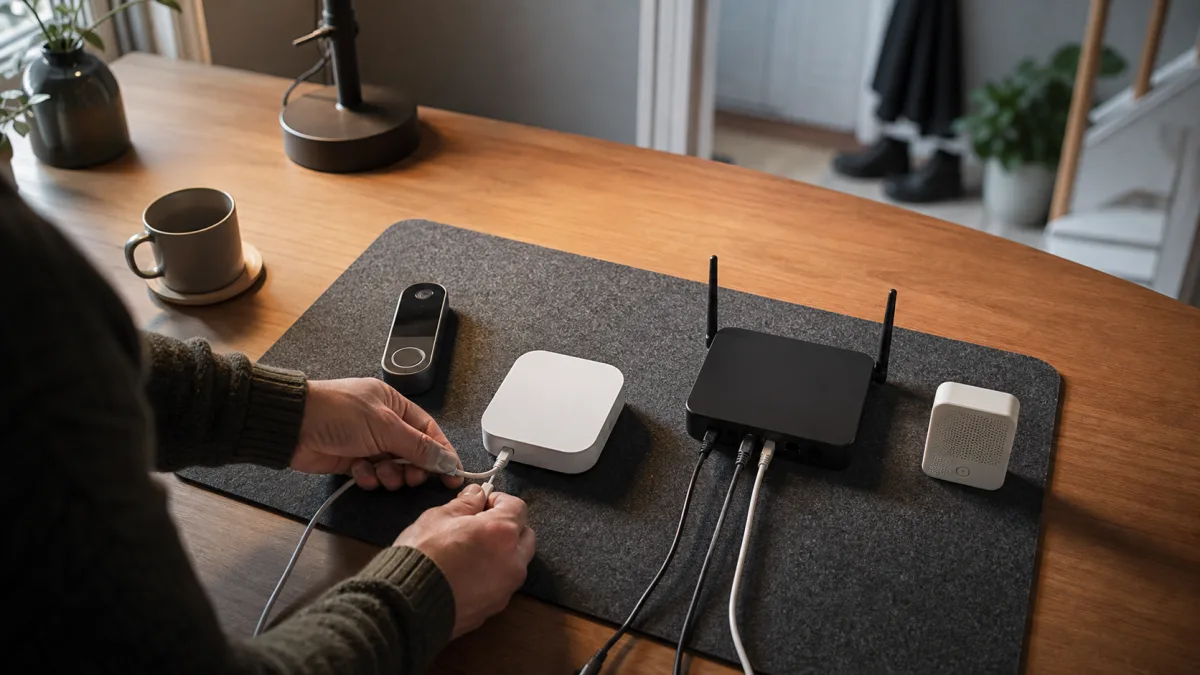Person planerar en integritetsinriktad dörrklockelösning med hemhubb, router och lokal mottagare