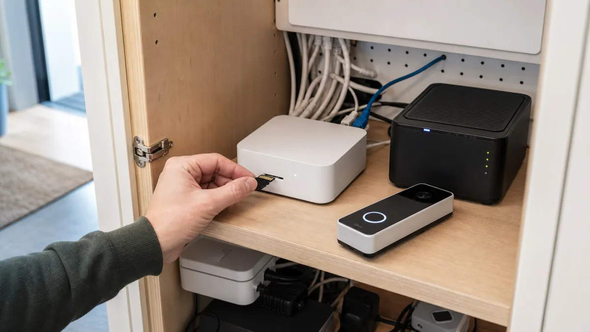 Kameradörrklocka, minneskort, hemhubb och lokal inspelare visas i samma tekniska installation