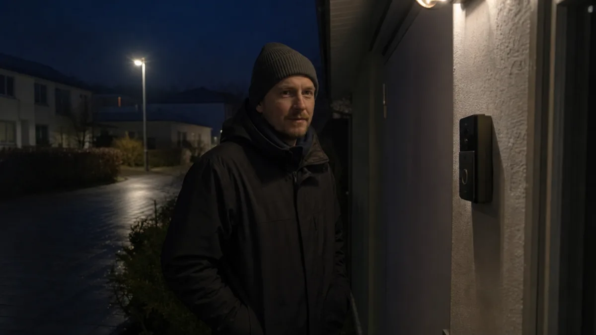 Besökare syns tydligt vid en kameradörrklocka på en mörk veranda med svag omgivningsbelysning