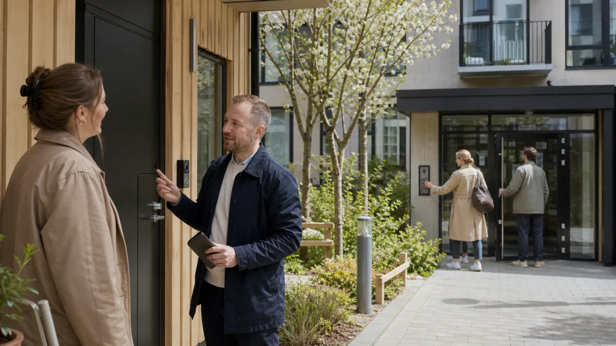 Villaentré med kameradörrklocka jämförs med gemensam entré som har porttelefon
