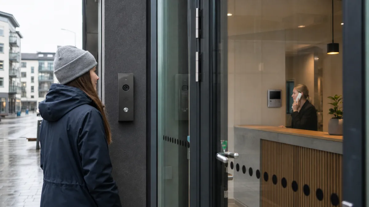Entrépanel med kamera och mikrofon kopplar en besökare till en inomhusstation