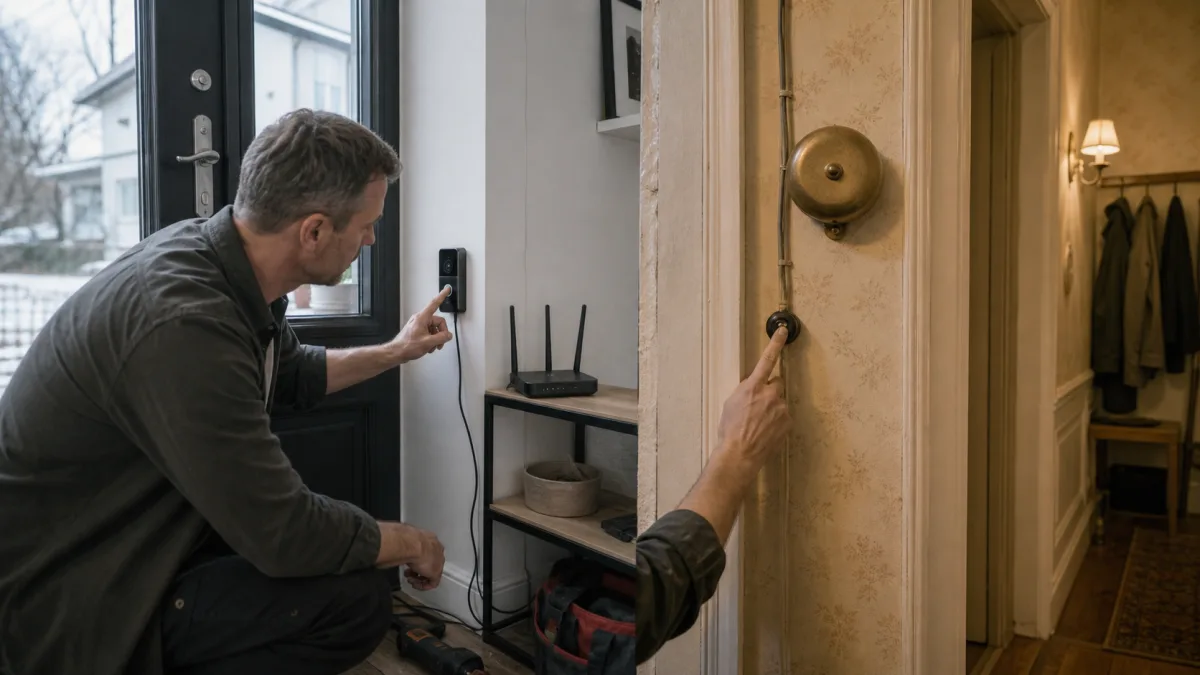 Wifi-ansluten kameradörrklocka jämförs med enkel analog ringknapp och mekanisk klocka